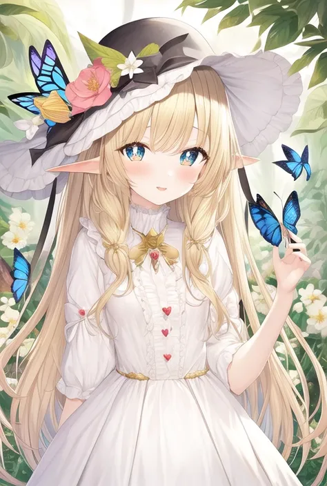 illustration,butterfly,bug,1girl,flower,long hair,hat,elf ears,multicolored eyes,sparkling eyes,small_breasts,blonde hair,heart-shaped_pupils,light_blush,frilled_collar,nature,<lora:å¹»æ³ç«¥è¯æç»é£æ ¼_epoch_1:1>,