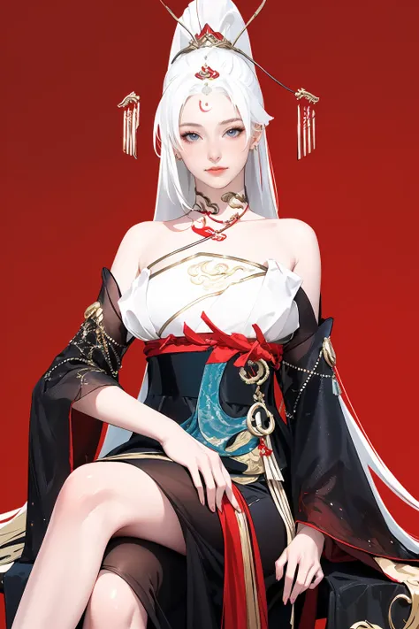 (masterpiece, best quality,masterpiece,illustration,),
1girl,very long hair,white hair,cowboy shot,pose,red background,
longyan,absurdly long hair,detached sleeves,jewelry,bra shoulders,ponytail,hagoromo,forehead mark,necklace,chinese clothes,
sitting on c...