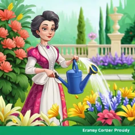 Generate a cartoon-style image of a wealthy lady watering flowers in a garden. Focus on the lady herself, with a close-up highlighting her features and elegant attire. The background should show a vibrant garden with blooming flowers <lora:FakeMobileGame:0...