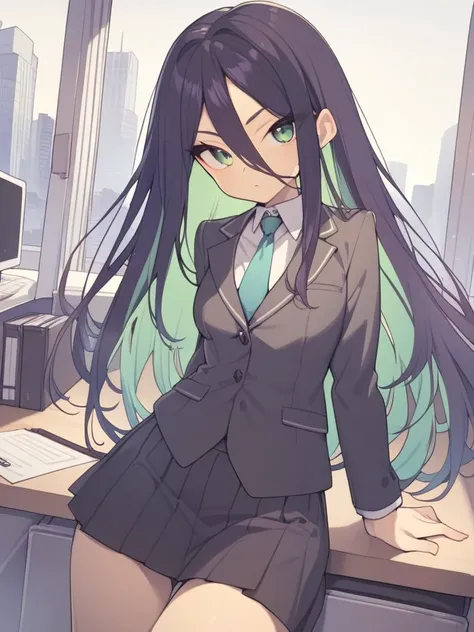 1girl, everyntrge, black long hair, green inner hair, green eyes, suit, skirt, office, desk, <lora:hobbyanon_everyntrge_v2_AnythingXL:0.8>,
cowboy shot, looking at viewer, solo,
masterpiece, best quality