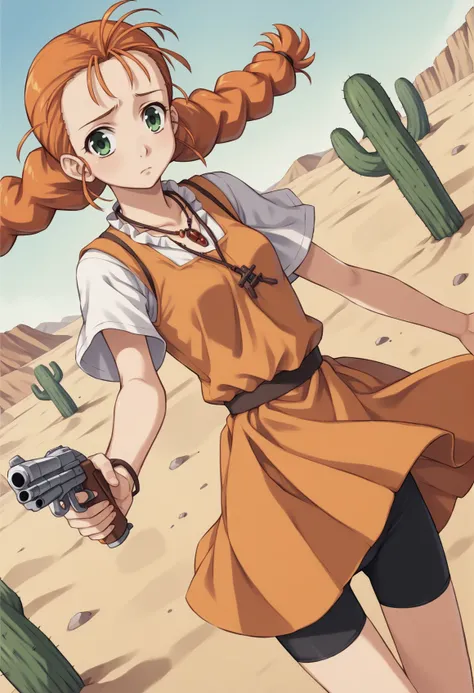 1girl, small breasts, orange hair, green eyes, twin braids, necklace, white shirt, short sleeves, orange dress, bike shorts, miniskirt, holding  gun, sad, outdoors, desert, cactus. dynamic shot, cowboy shot, wind, dutch angle,  looking at viewer <lora:Wend...