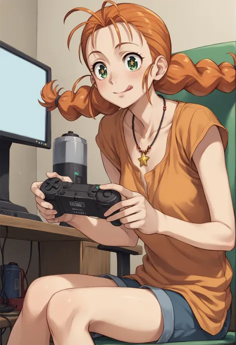 1girl, solo, orange hair, green eyes, twin braids, necklace, sitting, playing games, licking lips, monitor, excited, starry eyes, sitting, indoors, bedroom <lora:Wendy_Garret_Gun_X_Sword_XL:1>, score_9, score_8_up, score_7_up, score_6_up, score_5_up, score...