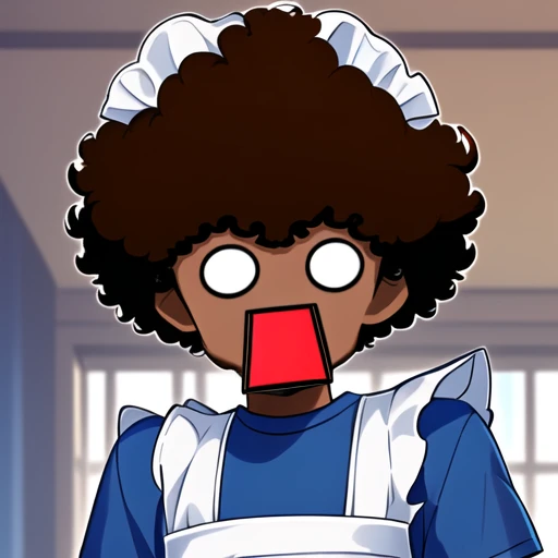 1boy, brown hair, mouth open, black afro hair, blue t-shirt, white maid outfit