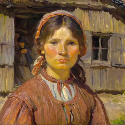 jchelmonski close-up of the face of a young beautiful peasant woman in the background of a wooden cottage, expressive <lora:jchelmonski:1>