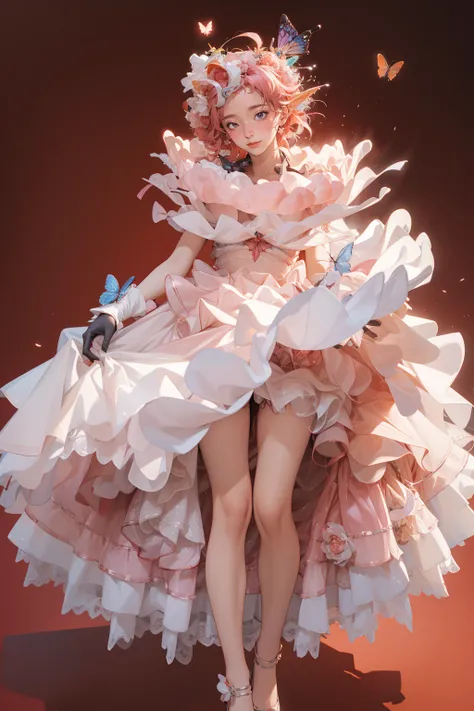 1girl,solo,red background,standing,thigh gap,,ruanyi0551,bow,butterfly,dress,frilled dress,hair flower,gloves,hair ornament,full body,<lora:0551 Full of fragrance 1_v1:1>, best quality,masterpiece,highres,official art,extremely detailed cg unity 8k wallpap...