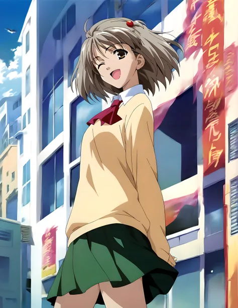 <lora:pony_xl_hitomi:0.8>,hitomi,score_9,score_8_up,score_7_up,source_anime,1girl,hair ornament,school_uniform,yellow sweater,long sleeves,sleeves past wrists,collared_shirt,red ascot,miniskirt,green skirt,black kneehighs,city,day,blue sky,wind,happy,smile...