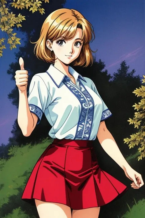 Anime Edition, 80s anime, upper body, female, shirt, skirt, Giving a thumbs up,  ((masterpiece, high quality, highly detailed, intricate detail))