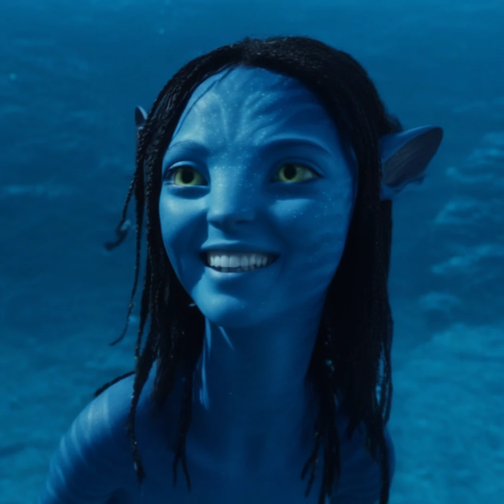 Na vi, Avatar, 1girl, alien, smiling, lots of details, blue skin, swimming, underwater, 4k, 8k, movie still, freckles