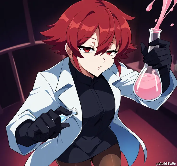 drawn in the artstyle of  <lora:OrphenStyle_Pony_XL:1>, score_9_up, source_8_up, source_7_up, source_anime,  1girl, red eyes, red hair, short hair, pantyhose, lab coat, open coat, holding vial ,black gloves, one ey half-closed, narrowed eye, inspecting via...