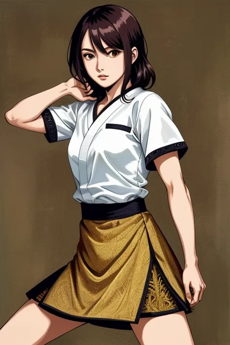 Anime Edition, upper body, female, shirt, skirt, Martial arts kick,  ((masterpiece, high quality, highly detailed, intricate detail))