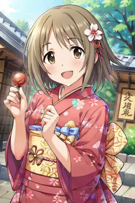 (masterpiece),mimura kanako, short hair, brown hair, brown eyes, japanese clothes, ema, kimono, smile, open mouth, shrine, hair ornament, hair flower, blush