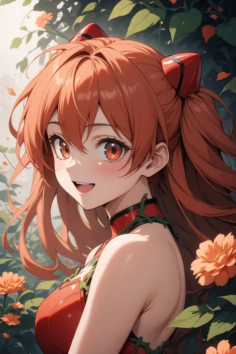 1girl, asuka langley, beautiful smile, open mouth, abstract, flowers, leaves, vines, masterpiece, best quality, very aesthetic, absurdres, newest, intricate details, ai generated, intricate