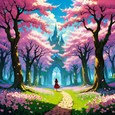 anime, fantasy, novel illustration, high fantasy, epic fairytale, a blooming cherry blossom grove