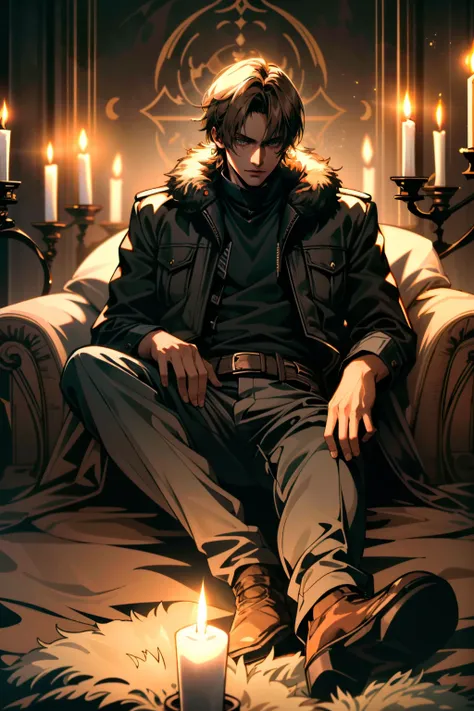 ((ultra detailed, masterpiece, absurdres))
 <lora:RE6Leon:0.8>
RE6Leon, 1boy, brown hair, looking at viewer, full body, reclining on a luxurious fur rug, with candlelight casting a warm glow