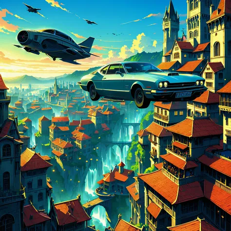 anime, fantasy, novel illustration, high fantasy, epic fairytale, a flying car floating above a bustling metropolis