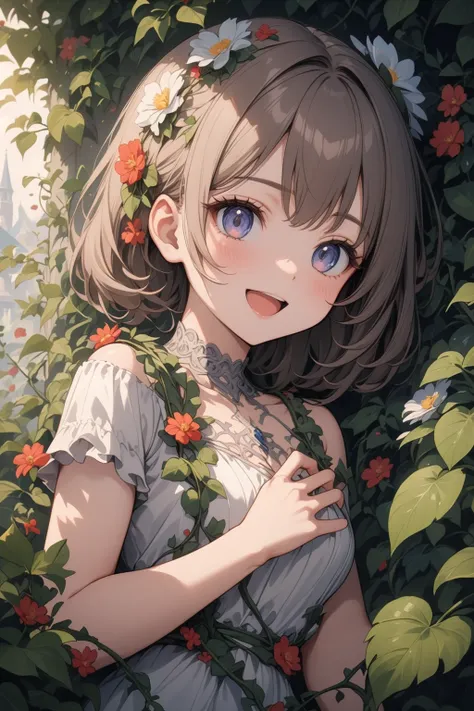 1girl, beautiful smile, open mouth, abstract, flowers, leaves, vines, masterpiece, best quality, very aesthetic, absurdres, newest, intricate details, ai generated, intricate