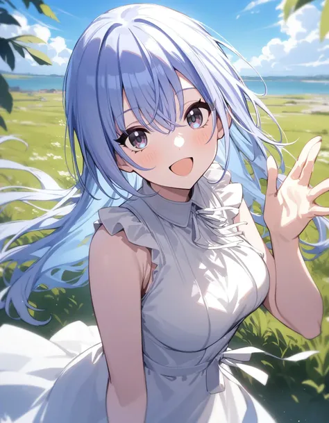 h_suzuki, 1girl, solo, long hair, dress, smile, looking at viewer, sleeveless, open mouth, white dress, blush, virtual youtuber, bangs, blue hair, :d, hair between eyes, outdoors, breasts, white ribbon, hand up
masterpiece, best quality, very aesthetic, ab...