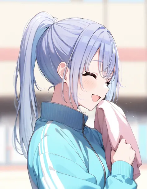 h_suzuki, 1girl, solo, closed eyes, ponytail, smile, open mouth, bangs, blush, sweat, from side, jacket, long hair, upper body, :d, blue jacket, track jacket, ^_^, blurry, blurry background, portrait, towel
masterpiece, best quality, very aesthetic, absurd...