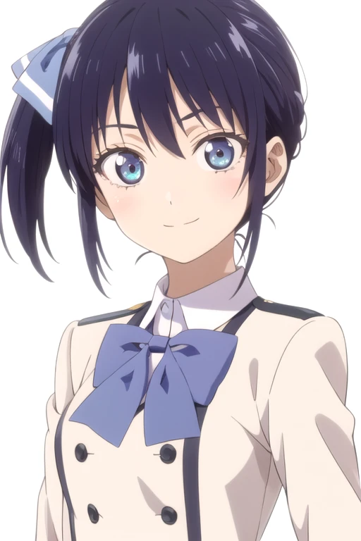 solo, 1girl, looking at viewer, 2D, anime, anime coloring, upper body, (simple background, solid white background:1.3), <lora:nagisa-kanojokanojo:0.8>, nagisa minase, school uniform, bowtie, smile