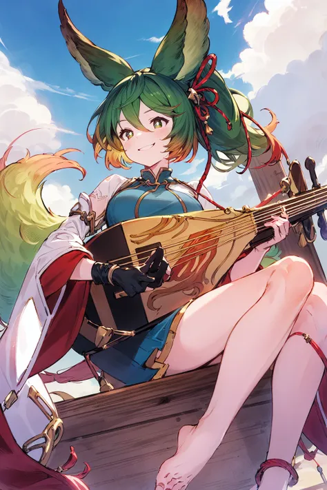 1gitl, solo, (smile:1.1), (blue sky, cloudy sky:1.2), profile, (from below:1.1),
 <lora:sui:0.8> sui (granblue fantasy), detailed pupils, ponytail, biwa, acoustic guitar, green china dress, barefoot,