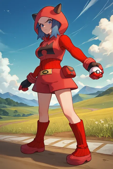 score_9, score_8_up, score_7_up, score_6_up, source_anime BREAK 1girl, <lora:pkmntmg-pdxl-nvwls-v1-000005:1> pkmntmg, hood, blue hair, fake horns, red hoodie, turtleneck, ribbed sweater, red shorts, gloves, field, holding poke ball (basic), red boots, stan...