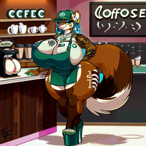 (female weasel, anthro, big breasts, huge boobs, big hips, voluptuous, nude, employee name tag, barista, cap, green apron, blue eyeshadow, green nails, earrings, tattoos(neck tattoo, arm tattoo, leg tattoo), platform heels), (coffee shop, counter, starbuck...