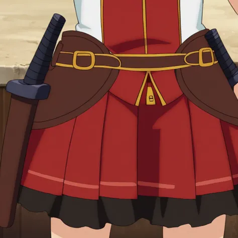 score_9, source_anime, sleeveless shirt, zipper, sheath, sheathed, brown belt, pleated skirt, BREAK stomach focus, head out of frame