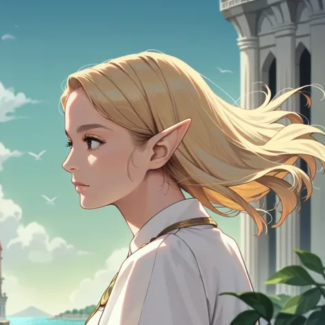 score_9, score_8_up, score_7_up, score_6_up,source_anime, anime 2d, anime screencap, side profile a beautiful blonde elf with her hair blowing in the wind, ethereal, palace and water in the background, face,brown eyes,  alxbaptista, <lora:albaptista_ponyxl...