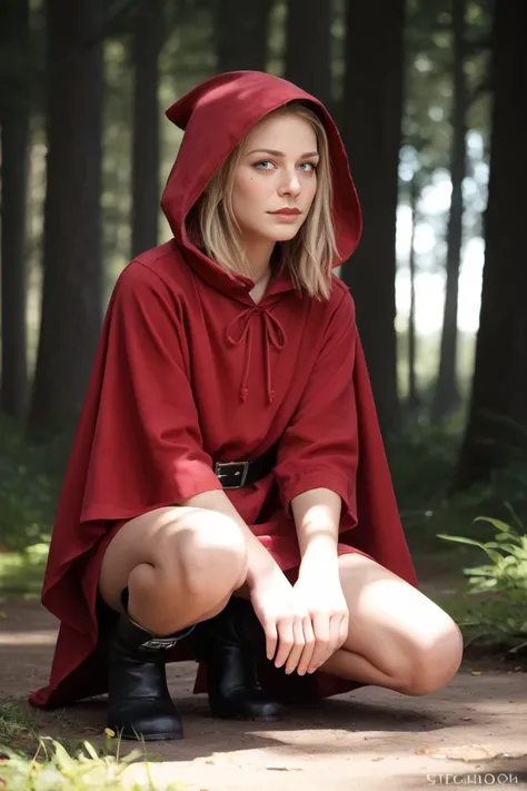 zPDXL2, zPDXLpg, zPDXLrl, dappled sunlight, realistic photograph of little red riding hood in a dark forest sitting on the ground, wearing a red hooded cloak, red dress and boots