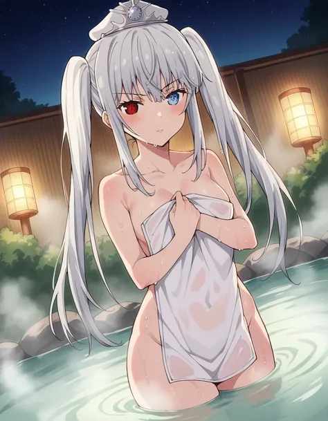 score_9, score_8_up, score_7_up, source_anime,
whitequeen, <lora:white-queen-movie-ponyxl-lora-nochekaiser:1>,
white queen, long hair, bangs, twintails, white hair, heterochromia, red eyes, blue eyes,
nude, naked, 
outdoors, onsen, towel, naked towel, stea...