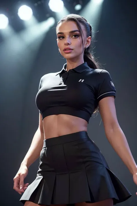 photo of S413_IrinaRepei,a stunning woman,on a (stage:1.1),wearing a (polo-shirt:1.1),(skirt),(ponytail),(4k, RAW photo, best quality, 50mm, depth of field, ultra high res:1.1),(intricate, photorealistic, cinematic-shot, masterpiece, ultra-detailed:1.1),