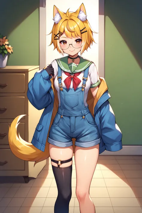 score_9, score_8_up, score_7_up, score_6_up, score_5_up, score_4_up, TriforceMoonVTXL, brown eyes, blonde hair, multicolored hair, short   hair, hair ornament, animal ears, glasses, medium breasts, off shoulder, blue jacket, sleeves past writs, serafuku, (...