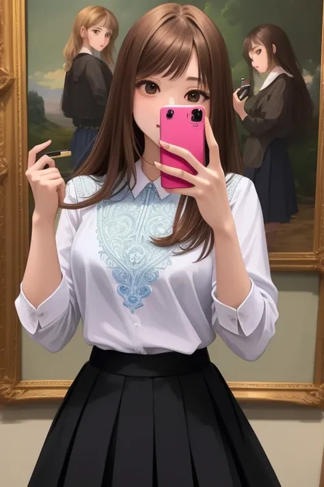 Anime Edition, upper body, female, shirt, skirt, Taking a selfie,  ((masterpiece, high quality, highly detailed, intricate detail))