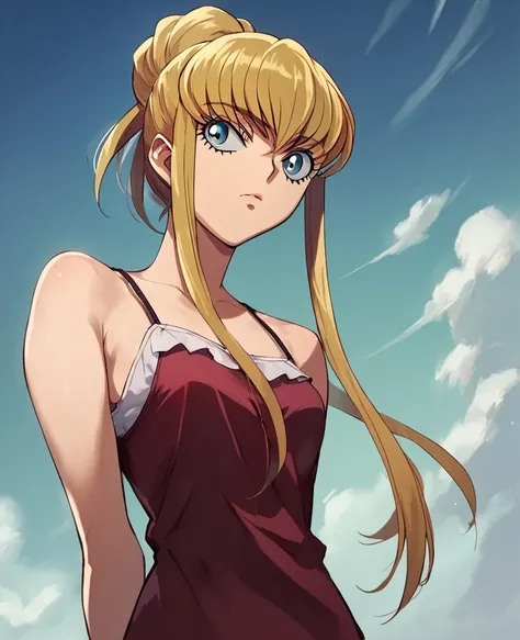 1girl, colombine, karakuri circus, 1girl, blonde hair, 
code geass, from below, dutch angle, camisole, arm_behind_back, with, 
source_anime, score_9, score_8_up, score_7_up, score_6_up, <lora:Colombine-XLPony_v001:1>