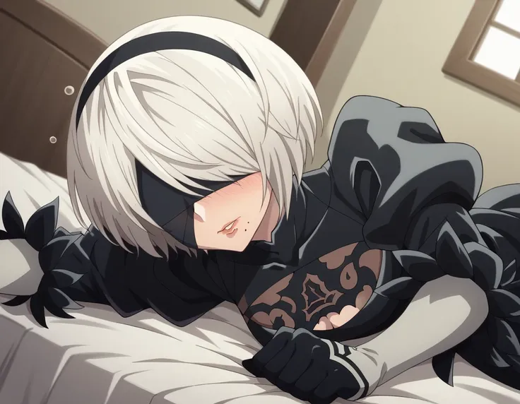 score_9, score_8_up, score_7_up, source_anime,
2b, <lora:2b-s1-ponyxl-lora-nochekaiser:1>,
2b, yorha no. 2 type b, short hair, white hair, hairband, mole, black hairband, mole under mouth, blindfold, covered eyes, black blindfold,
gloves, long sleeves, dre...