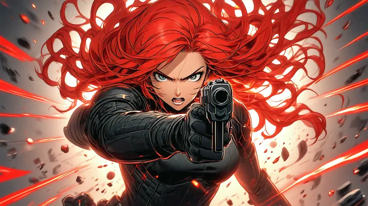 anime kzk woman with red hair shooting directly at the camera, with red hair pointing a gun at the camera