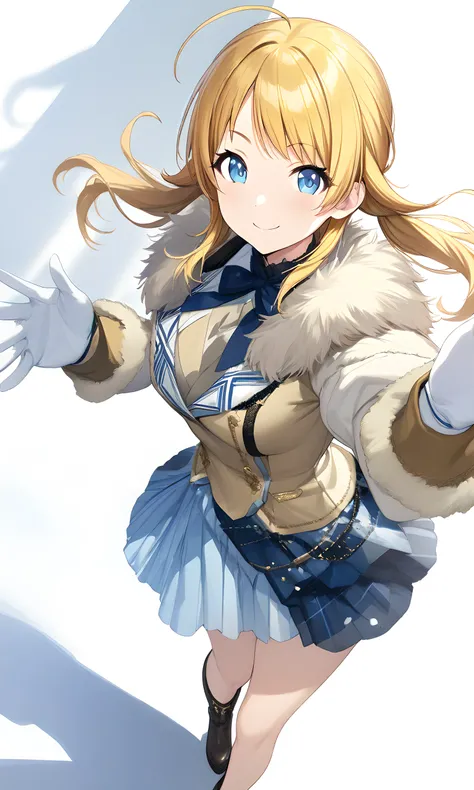 (masterpiece),(best quality),(ultra-detailed),(best illustration),(best shadow),(absurdres),(detailed background),(very aesthetic),  meguru hachimiya, 1girl, blonde hair, solo, blue eyes, gloves, skirt, smile, white gloves, white background, looking at vie...