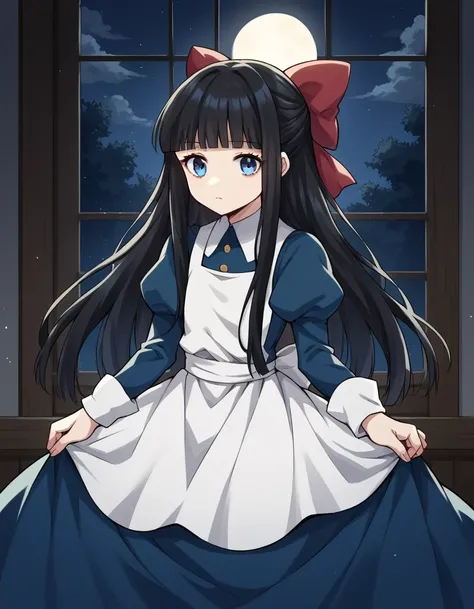 score_9, score_8_up, score_7_up, source_anime,
ayadrevis, <lora:aya-drevis-ponyxl-lora-nochekaiser:1>,
aya drevis, long hair, blue eyes, black hair, hair bow, red bow, bangs, blunt bangs,
long sleeves, dress, frills, puffy sleeves, apron, blue dress,
indoo...