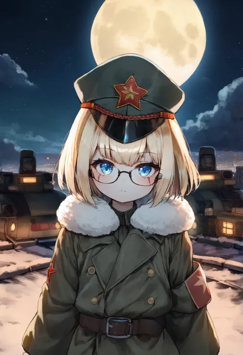 masterpiece, best quality,
1girl,   
solo, cyberpunk, 1011, star, (sky:1.1), scenery, starry sky, gloves, blonde hair, blue eyes, uniform, glasses, soviet army, night, peaked cap, short hair, moon, star (symbol), scar, soldier, coat, military uniform, fur-...