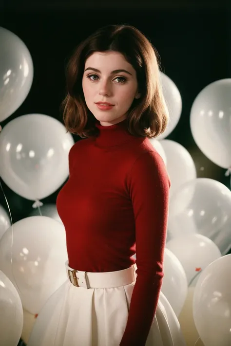 <lora:diorabaird-05:0.6>,diorabaird,(epic), photo of a woman,fashion portrait photo of young woman from the 60s wearing a red turtleneck standing in the middle of a ton of white balloons, taken on a hasselblad medium format camera