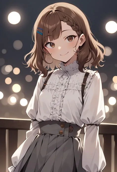 score_9,source_anime,masterpiece,very aesthetic,  fully body, bokeh , (backlit:1.3) ,  simple background, 
Houjou, 1girl,  brown slant eyes, brown hair, shoulder length hair, French braid, hairclip, center part bangs, wavy bob, small breast, braid bangs,
w...