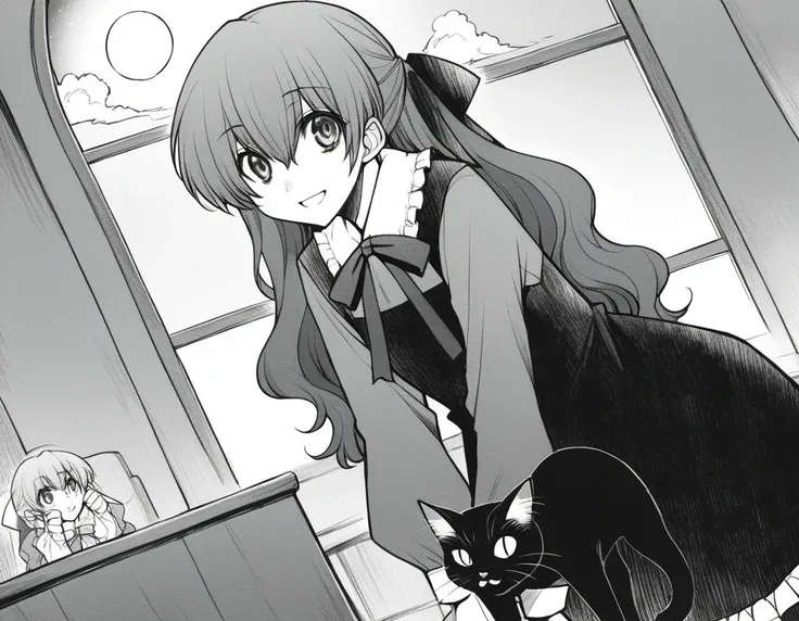 score_9, score_8_up, score_7_up, source_anime,
witchellen, <lora:witch-house-ellen-manga-ponyxl-lora-nochekaiser:1>,
ellen, long hair, ribbon, hair ribbon, monochrome, greyscale,
dress, long sleeves, frills, frilled dress,
indoors, bent over, smile, cat, b...