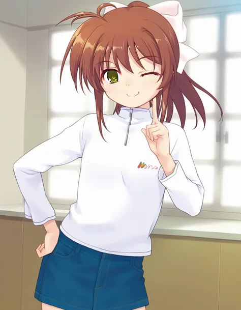 <lora:arteminalXL_pony_2b:0.8> 1girl,  score_9, looking at viewer, 
nanakura arisa, ponytail, hair bow, white bow, white shirt, turtleneck, zipper, long sleeves, denim skirt, index finger raised, one eye closed, smile, indoors, hand on hip