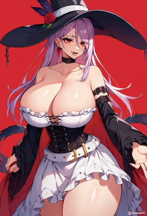 score_9, score_8_up, score_7_up, BREAK  
 1girl,   gothic dress, frills, huge breasts, hat, cowgirl (western), vampire, ear piercing, lip piercing, cleavage, white belt, eyebrow piercing, pale skin, shiny skin, shawl, thick thighs, frilled dress, dress, wh...