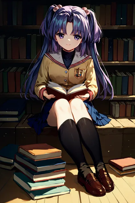 score_9, score_8_up, score_7_up, score_6_up, rating_safe, source_anime, library, sitting, m legs, <lora:ichinose-kotomi-xl-20:1.2>, ichinose kotomi, clannad uniform, blue skirt, black socks, two side up, holding a book, looking up, smile,