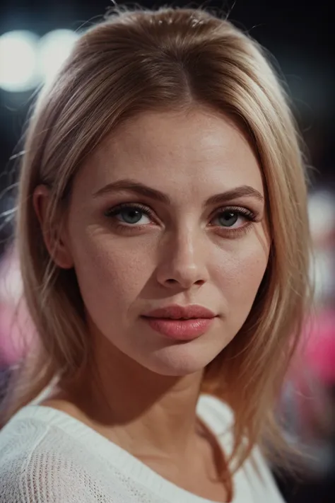 closeup Portrait photography. High Contrast. Fine facial details. Artful interplay of light and shadow. . Pale skin. Piercing eyes. Ruby lips. Depth of field. Divine glow. at a carnival at night, wearing a white sweater, <lora:epiCRealismHelper:.8>, <lora:...