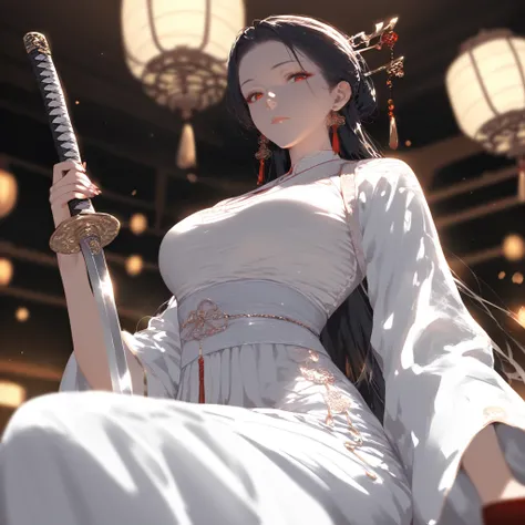 score_9, score_8_up, score_7_up, score_6_up, score_5_up, score_4_up,  <lora:foe v0.5:1>,  1girl, solo, long hair, breasts, looking at viewer, black hair, hair ornament, red eyes, dress, holding, closed mouth, jewelry, sitting, weapon, earrings, sword, whit...