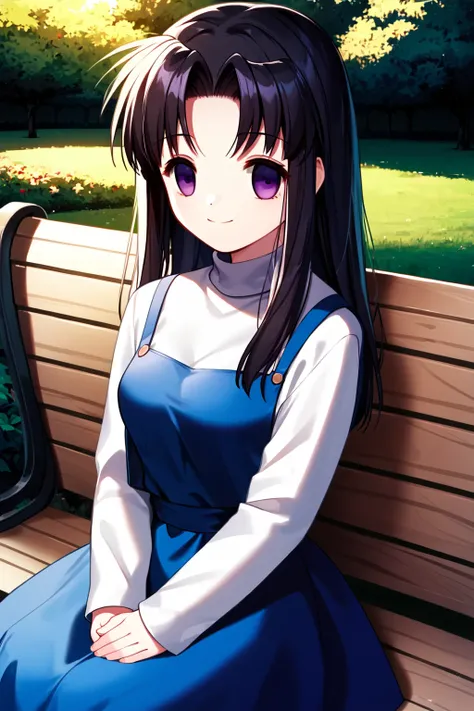 score_9, score_8_up, score_7_up, score_6_up, rating_safe, source_anime, best quality, masterpiece, detailed background, park, sitting, sunny, white turtleneck, blue overall dress, white kneehighs, cowboy shot, looking away, <lora:kawana-misaki-xl-04:1>, ka...