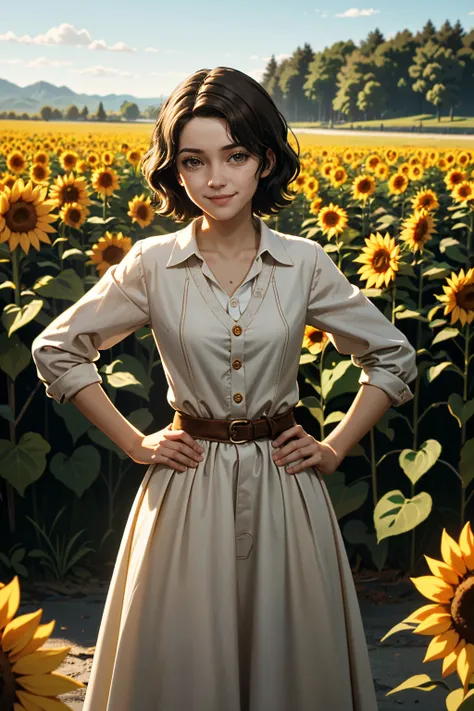 ((ultra detailed, masterpiece, absurdres))
 <lora:THLilianne:0.7>
THLilianne, 1girl, brown hair, surrounded by sunflowers in a bright field, smiling, with hands on hips