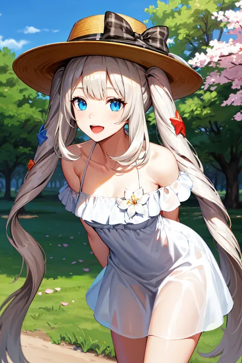 masterpiece, best quality, highres, aamarie, very long hair, twintails, hair ornament, sun hat, brown headwear, hat bow, white flower, collarbone, bare shoulders, off shoulder, sundress, white dress, <lora:marie_antoinette_(caster)_v1:0.7>, standing, cowbo...